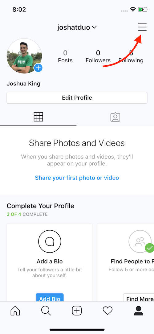 Instagram profile screen with red arrow pointing to the three-line menu icon in the top-right corner.