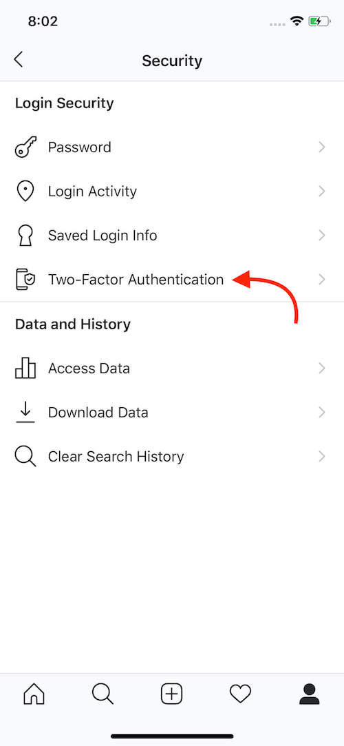 Instagram security settings screen with red arrow pointing to 'Two-Factor Authentication' option.