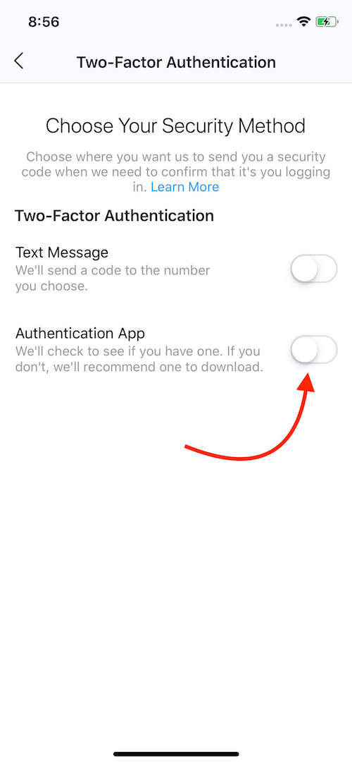 Two-Factor Authentication method selection screen with red arrow pointing to toggle for 'Authentication App'.&rsquo;