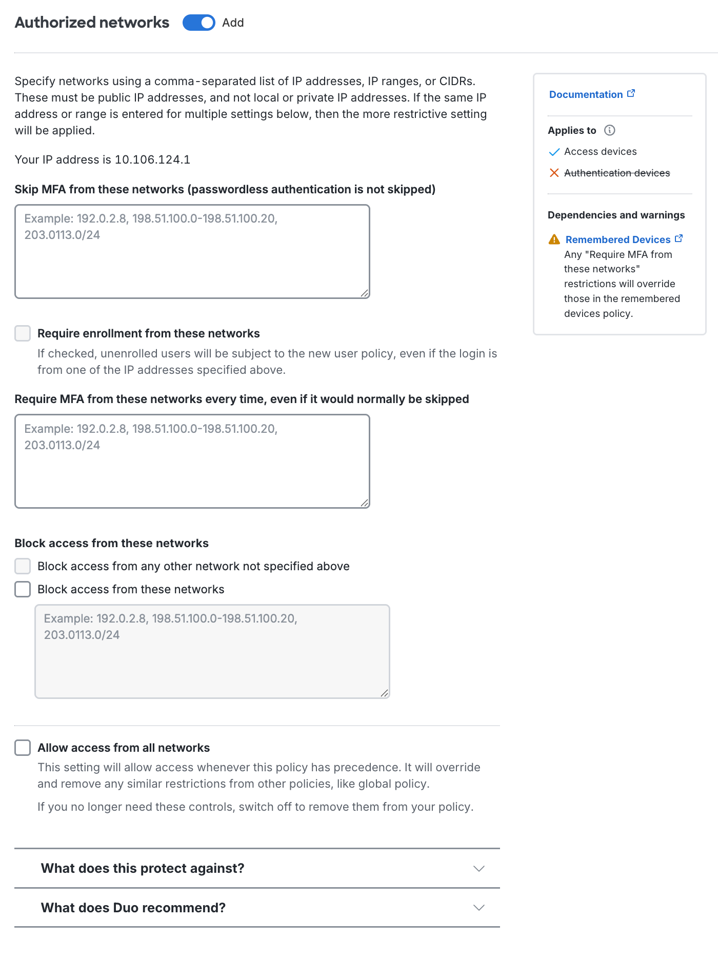 Duo Advantage and Premier Authorized Networks Settings