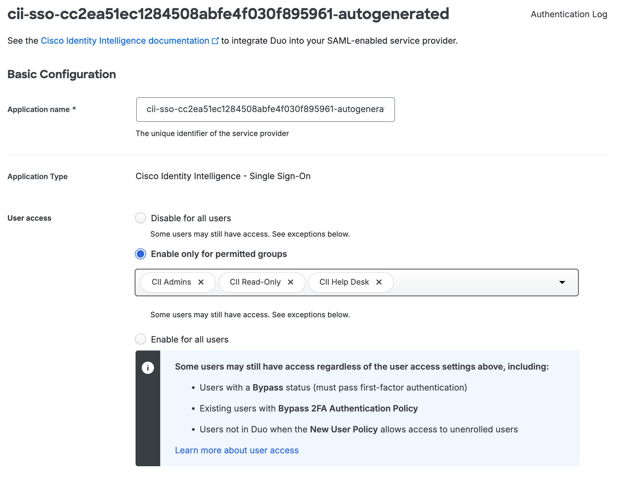 Cisco Identity Intelligence Duo SSO User Access Restricted to Permitted Group