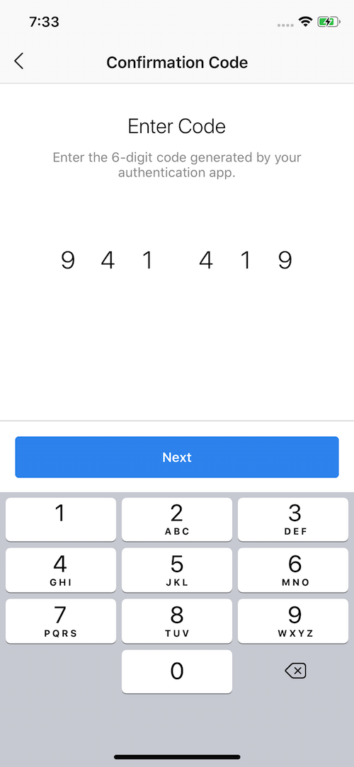 Six-digit code (941419) entered in confirmation field, ready to proceed with 'Next' button highlighted.