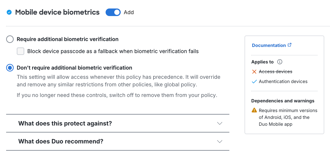 Mobile Biometric Settings