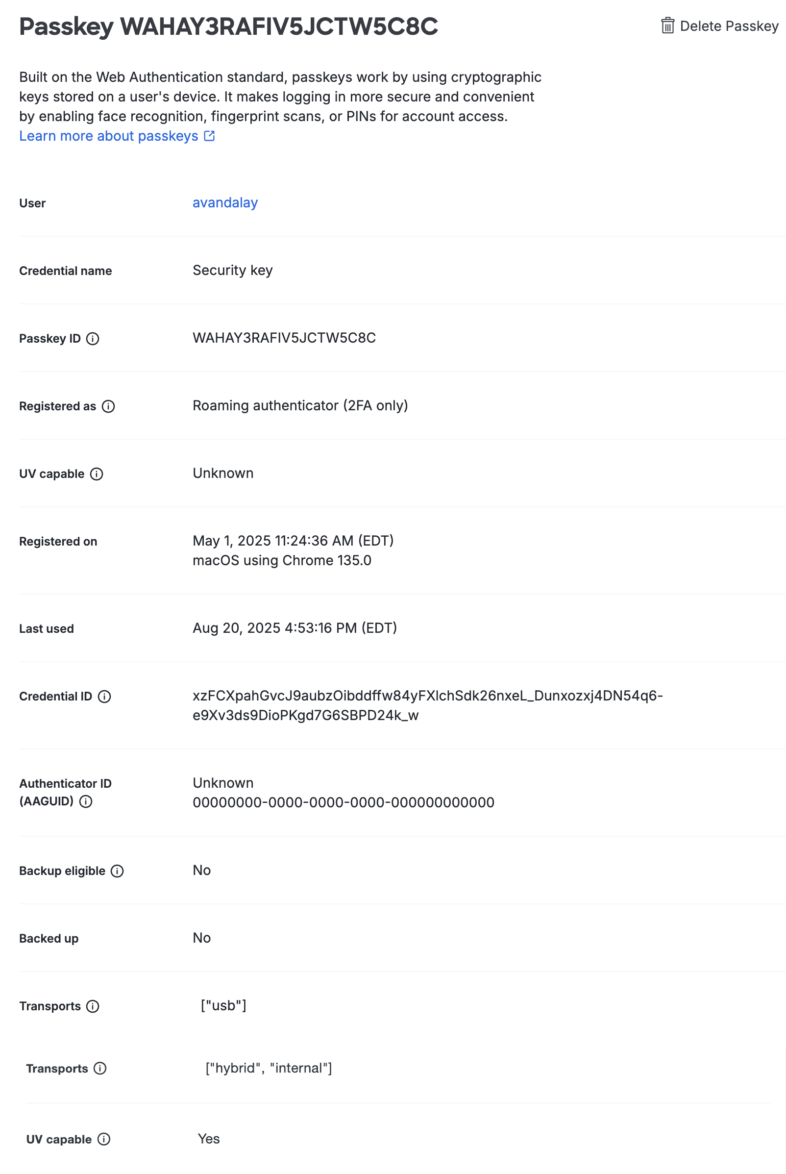 Passkey Details Page