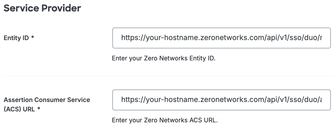 Duo Zero Networks Entity ID and ACS URL