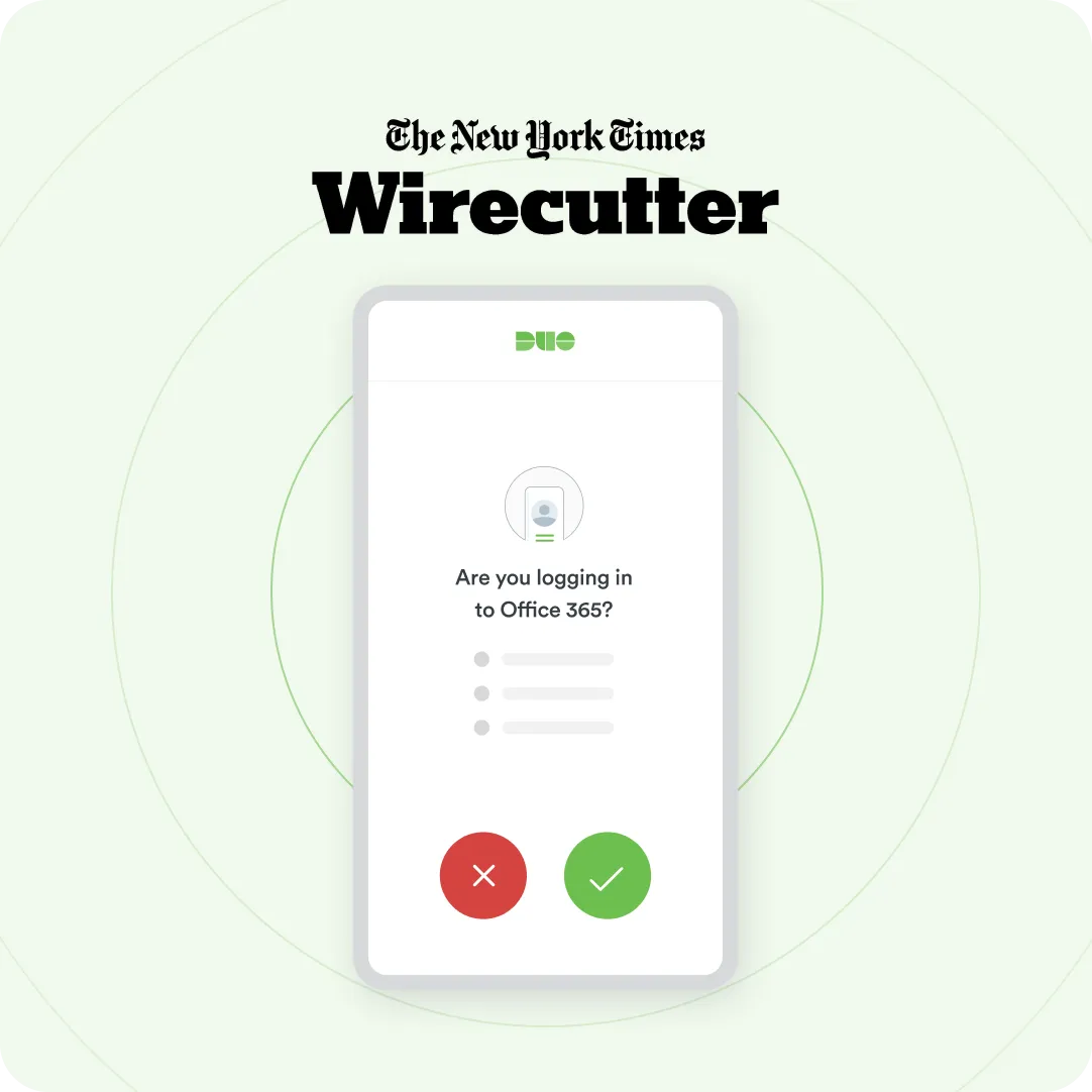 The New York Times Wirecutter screenshot of a mobile device showing Duo named as the best two-factor authentication app.