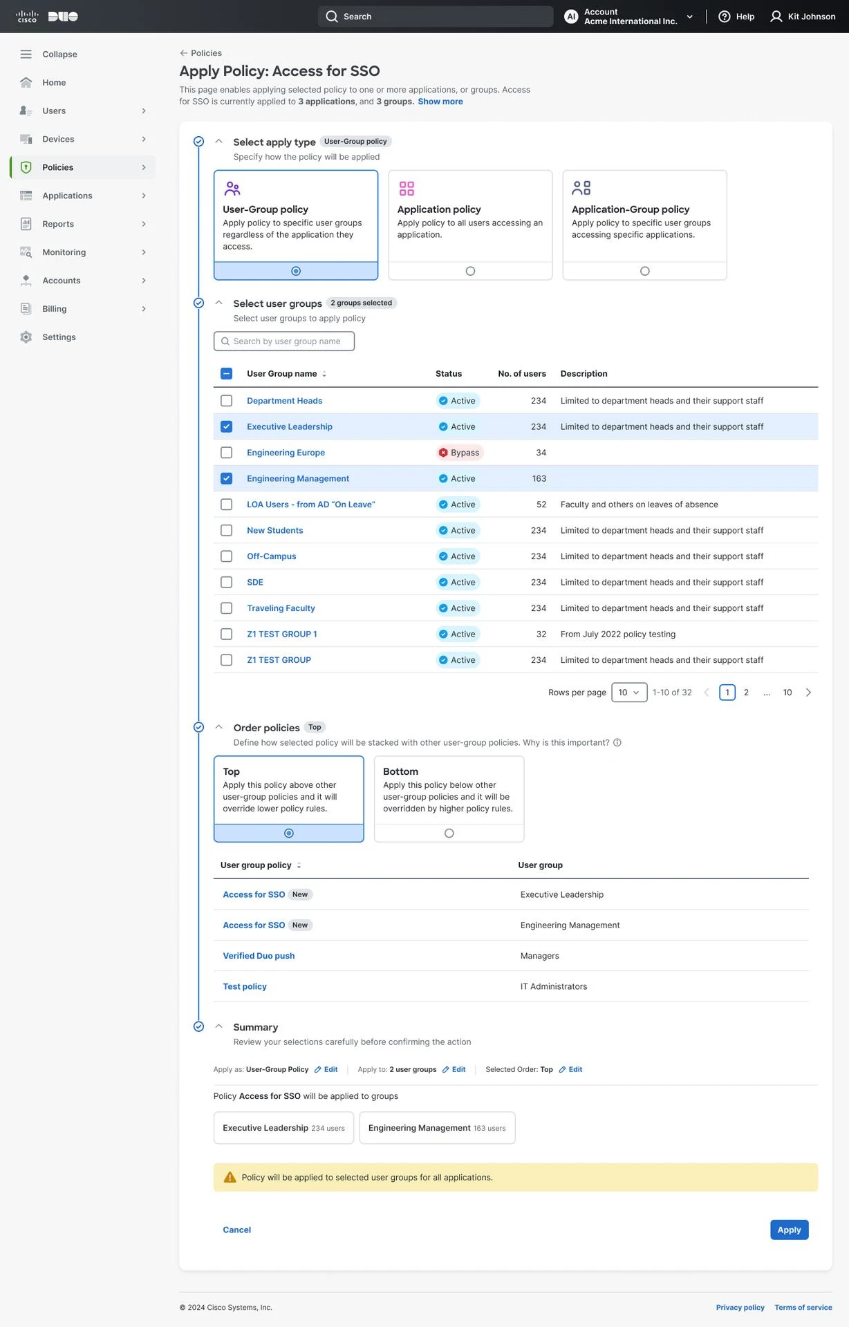 Apply policy dashboard