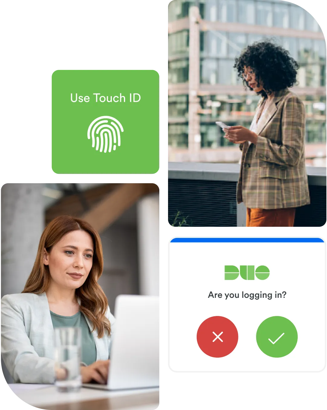 Two persons looking at their device and confirming that they are the person logging in.