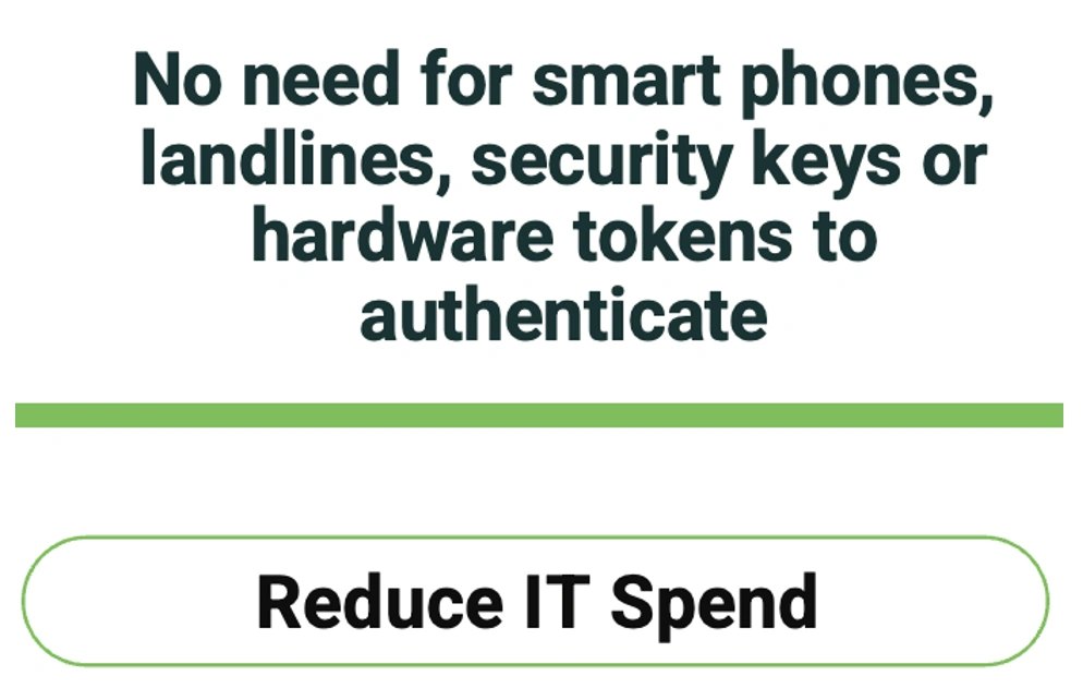 Text reading: Reduce IT Spend; No need for smart phones, landlines, security keys or hardware tokens to authenticate