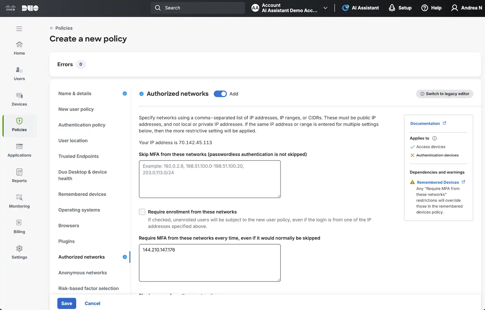 Duo policy manager create a new policy