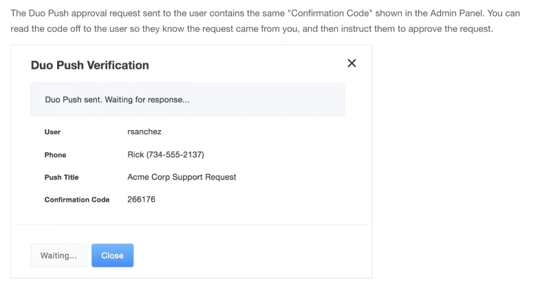 Duo Push Verification window showing user info, confirmation code, and status 'Waiting for response&hellip;' for a support request.