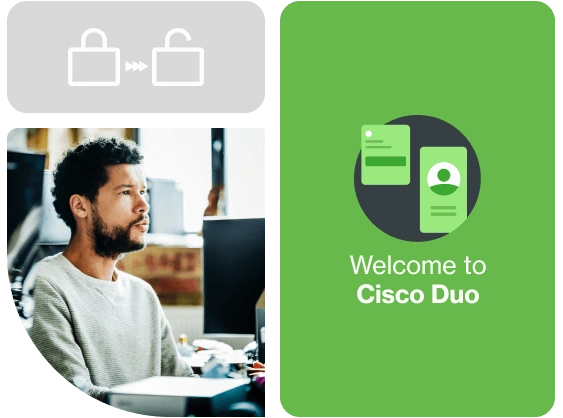 Person sitting at desktop. Icons indicating login access to Duo is securely managed as they onboard devices.