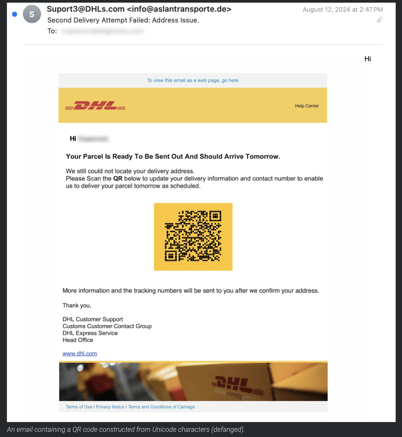 Phishing email posing as DHL with a fake delivery issue and QR code asking users to update their address.