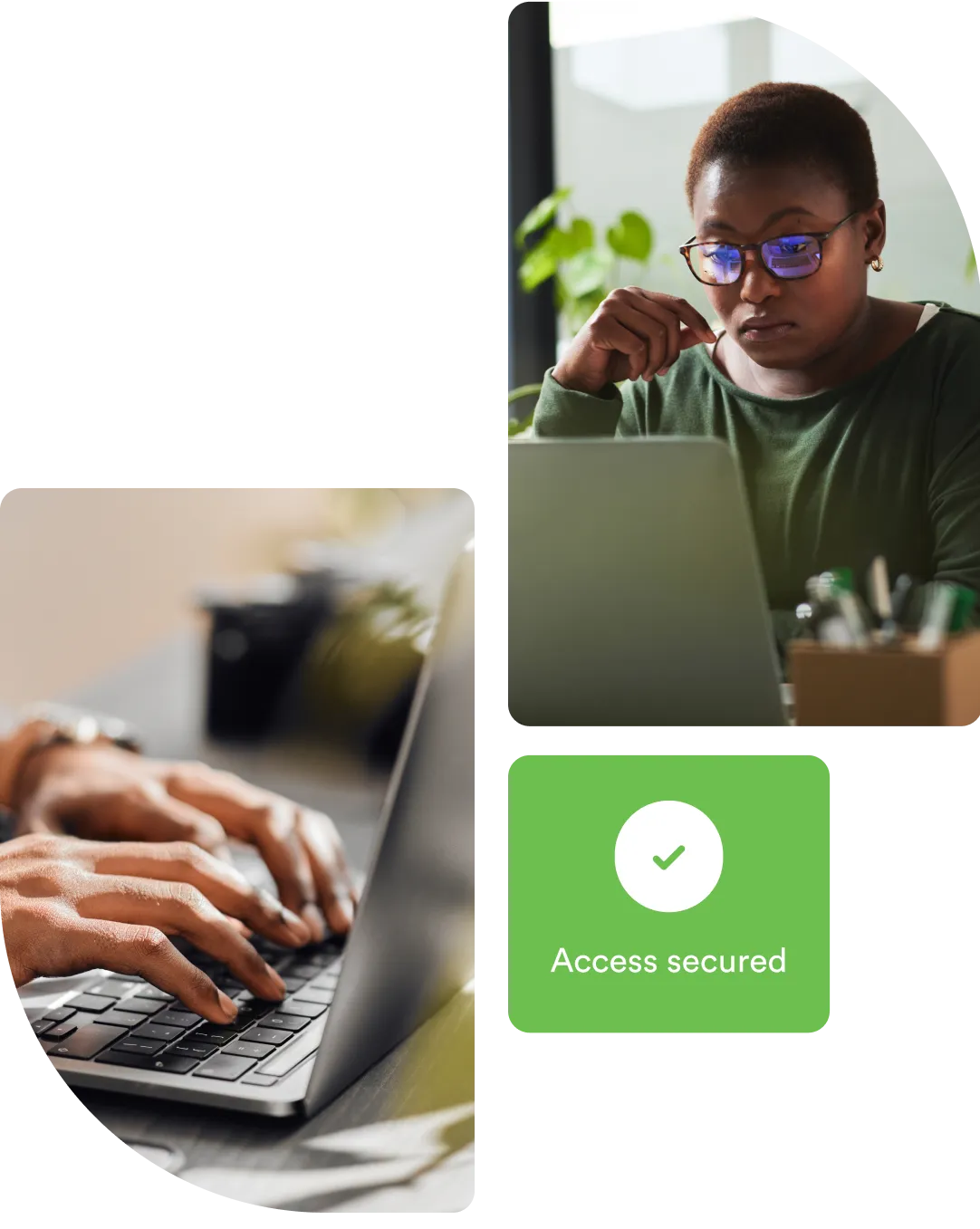 Three image collage of a Duo user on their laptop and receiving an access secured notification from Duo's two-factor authentication (2FA).